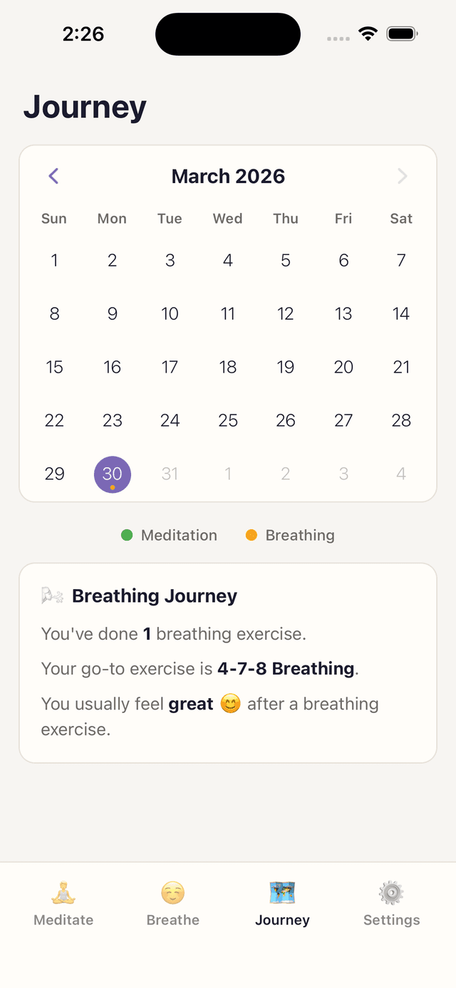 Journey calendar screen showing session history